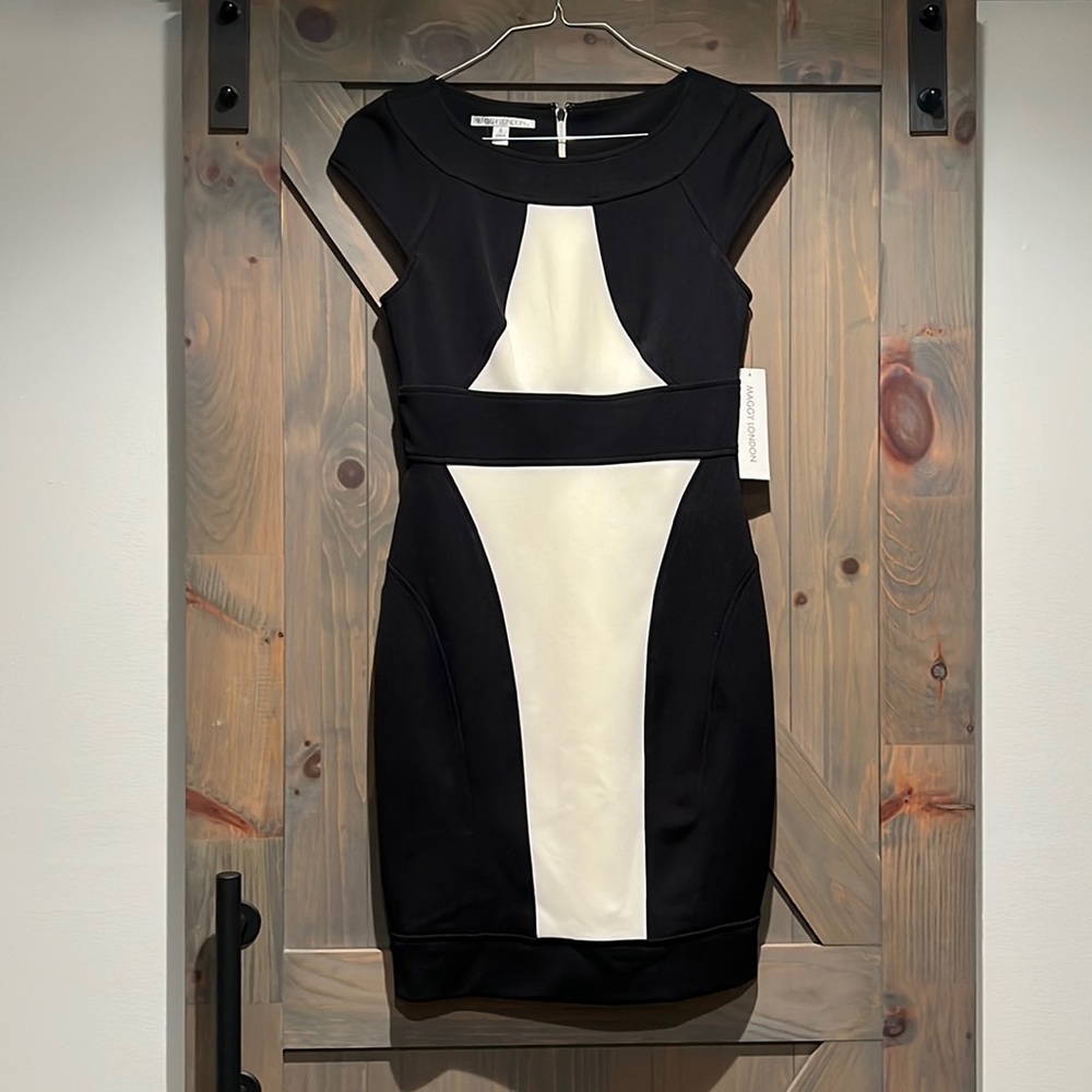 Maggy London size 8 black and cream mid-length dress.